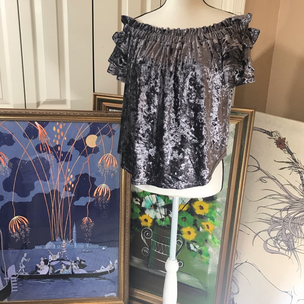 Gray crushed velvet off the shoulder ruffled top
